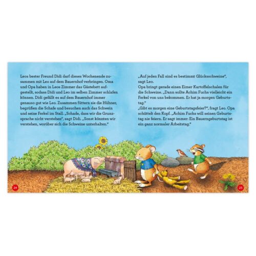 Illustrierte Kinderbuchseiten mit Mäusen in einem Garten mit Schaufel und Blättern. Text auf Deutsch.