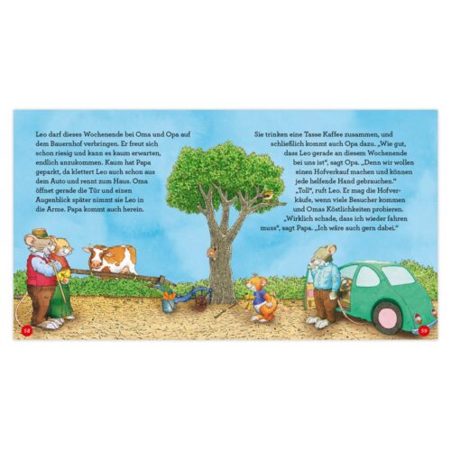Kinder mit Großeltern in einer ländlichen Umgebung, spielen und packen ein Auto, in der Nähe ein Baum und eine Kuh.