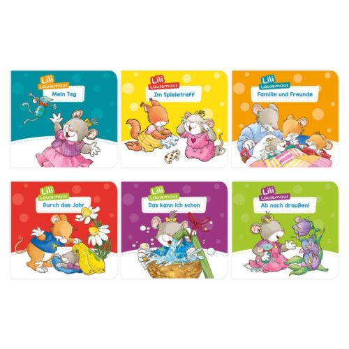 Sechs farbenfrohe Kinderbuchcover mit Illustrationen von Mäusen bei verschiedenen spielerischen Aktivitäten.