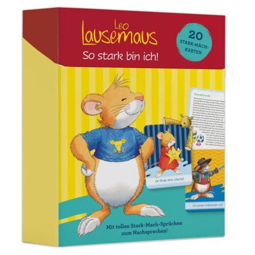 Illustration einer selbstbewussten Maus in einem blauen Hemd mit Text zu Positivitätskarten für Kinder.