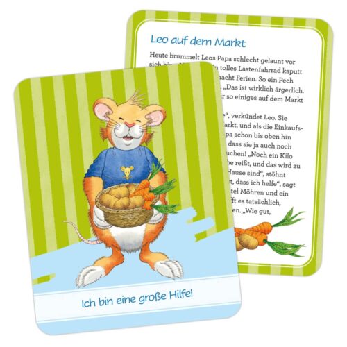 Eine Mäusefigur mit Gemüse, Textkarte auf Deutsch mit dem Titel „Leo auf dem Markt“.