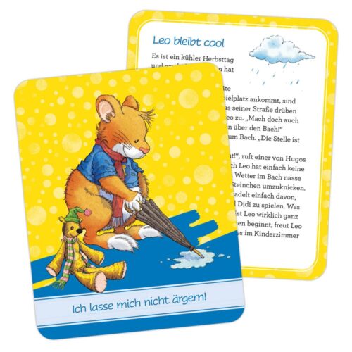 Illustrierte Karte mit einer Maus und einem Teddybär unter einem Regenschirm, Text auf Deutsch zum Thema Ruhe bewahren.