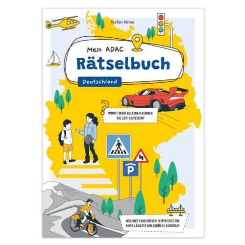 Illustriertes Buchcover mit einer deutschen Karte, einem roten Auto, Verkehrsschildern und einem Puzzlemotiv.