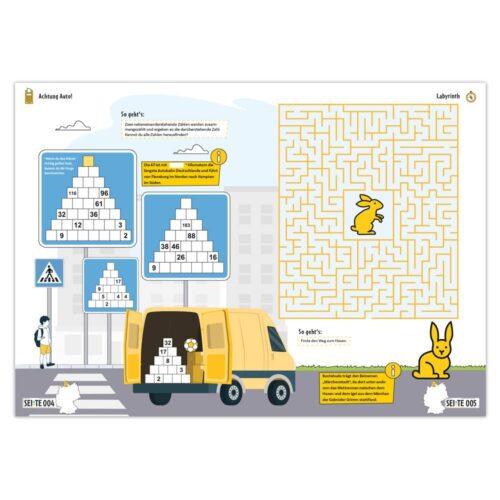 Illustrierte Rätselseite mit einem Labyrinth und Zahlenpyramiden neben einem gelben Lieferwagen und einem Häschen.
