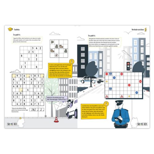 Magazinstrecke mit Sudoku-Rätsel, Verkehrszeichen-Quiz und illustrierter Stadtlandschaft mit einem Polizisten.