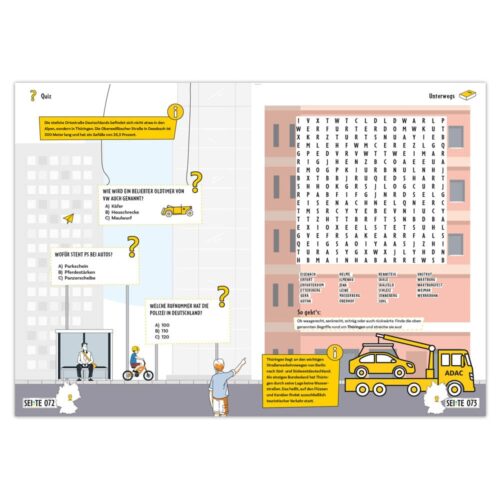 Illustrierte Quizseite mit einem Wortsuchrätsel und Cartoonfiguren in der Nähe eines Gebäudes und eines Abschleppwagens.