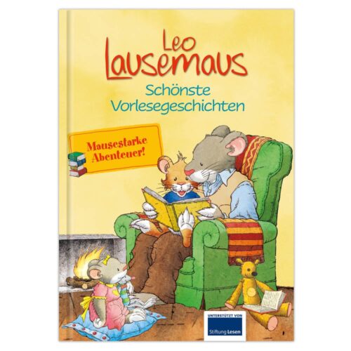 Buchcover von „Leo Lausemaus – Schönste Vorlesegeschichten“ mit lesenden Mäusen am Kaminfeuer.