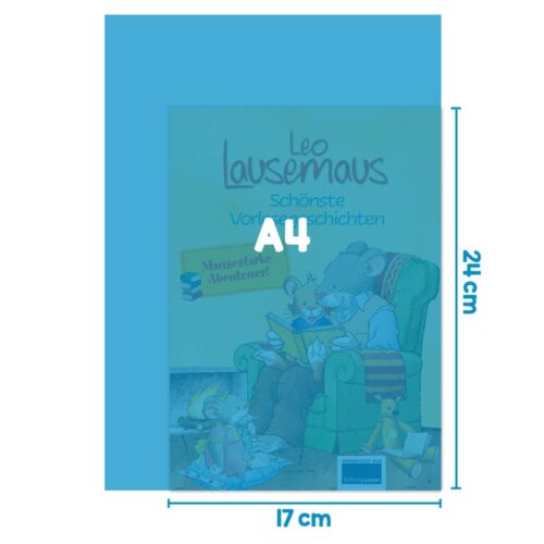 Kinderbuchcover mit Mäusefiguren, Titel „Leo Lausemaus: Schönste Vorlesegeschichten“, A4-Format.
