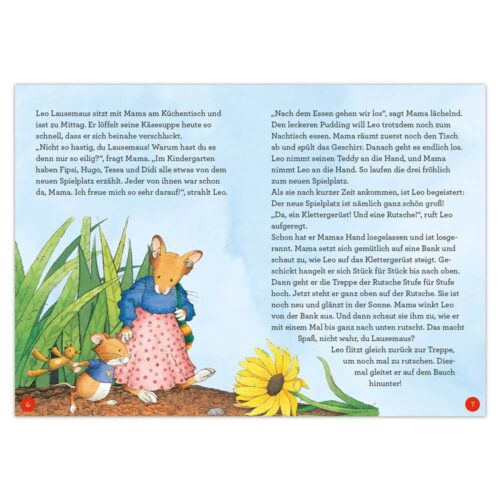 Illustration einer Maus, die einer kleineren Maus ein Buch vorliest, mit einer Gartenszene und großen gelben Blumen im Hintergrund.