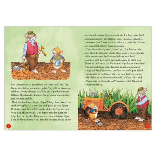 Illustration einer Bilderbuchseite mit sprechenden Tieren und deutschem Text.