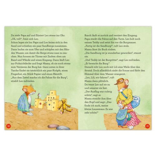 Kinder und Mäuse bauen eine Sandburg am Strand, mit Text zu ihren Aktivitäten.