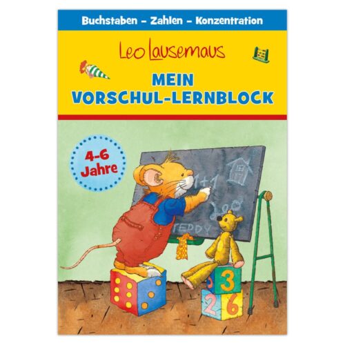 Maus schreibt auf eine Tafel neben einem Spielzeugkaninchen. Text: „Mein Vorschul-Lernblock, 4-6 Jahre.