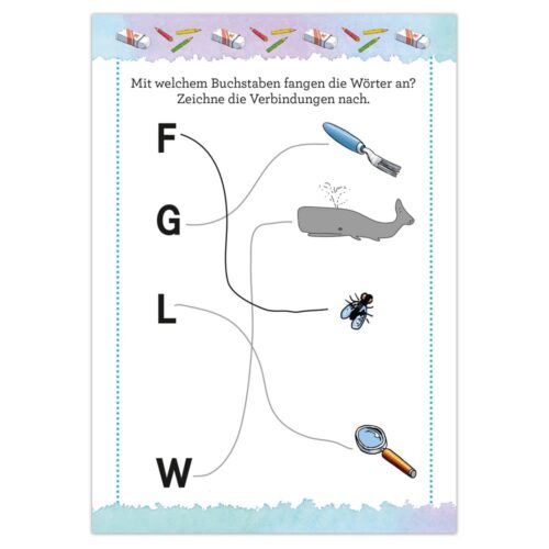 Buchstabenzuordnungsaktivität mit einem Pinsel, einem Wal, einer Fliege und einer Lupe, die mit den Buchstaben F, G, L und W verbunden sind.