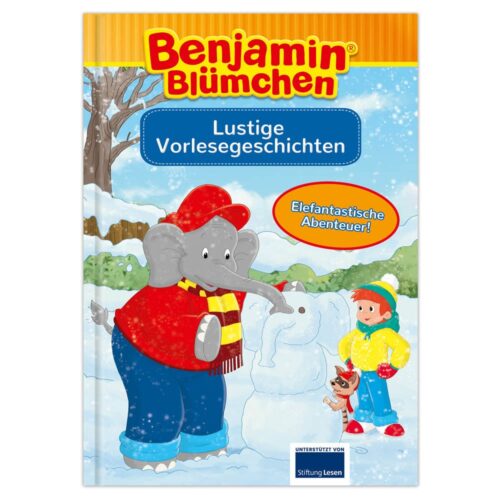 Cover eines Kinderbuchs mit einem Elefanten und einem Kind, die in einer verschneiten Landschaft einen Schneemann bauen.