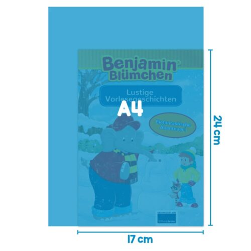 Kinderbuch „Benjamin Blümchen“ mit winterlichem Cover im Format DIN A4, 17x24 cm.