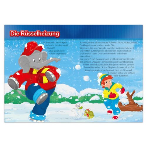 Cartoon-Elefant und Kind in Winterkleidung laufen durch verschneite Landschaft mit deutschem Text.