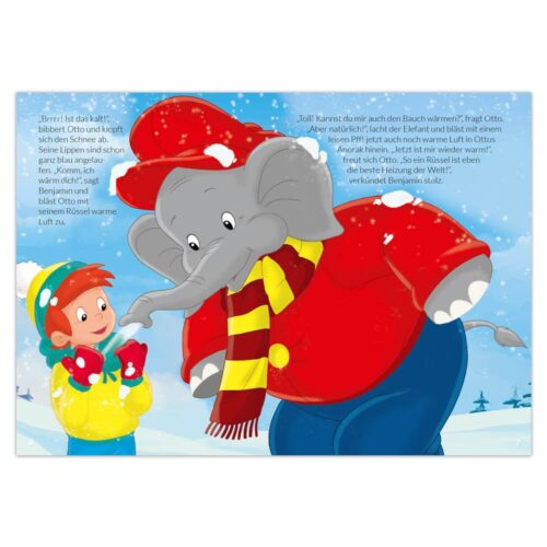 Ein Elefant und ein Kind in Winterkleidung stehen im Schnee, im Hintergrund ist ein Text zu sehen.