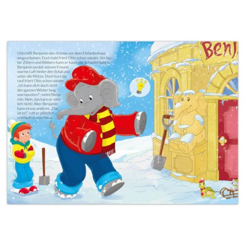 Ein Elefant in Winterkleidung schaufelt Schnee vor einem kleinen Haus, während ein Junge zusieht.