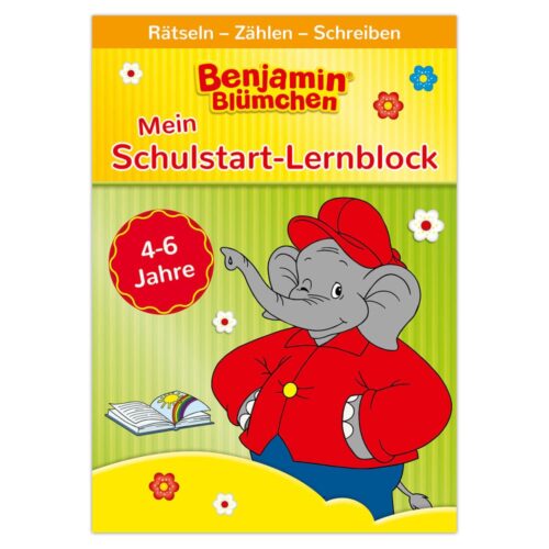 Farbenfroher Kinder-Arbeitsheftumschlag mit Cartoon-Elefant in roter Mütze und Jacke. Der Text lautet „Schulstart-Lernblock“.