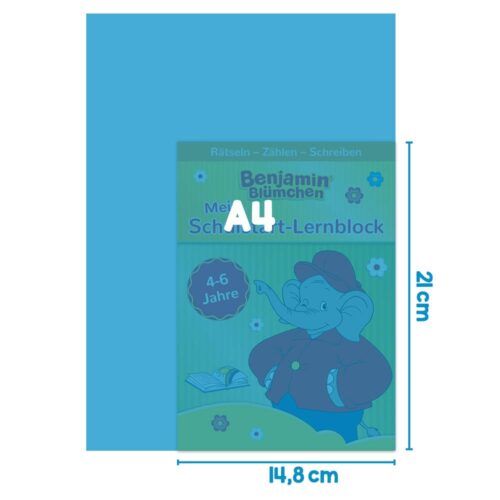 Kinderbuchcover mit Cartoon-Elefant und dem Titel „Mein Schulstart-Lernblock“ für 4-6-Jährige.