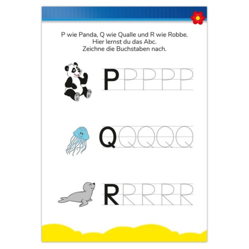 Alphabet-Abpausenblatt mit Bildern eines Pandas, einer Qualle und einer Robbe für die Buchstaben P, Q und R.