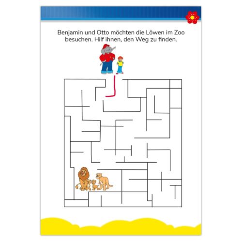 Labyrinth mit Cartoon-Elefant und Kind am Anfang. Die Löwen sind am Ende. Text: „Hilf ihnen, den Weg zu finden.“