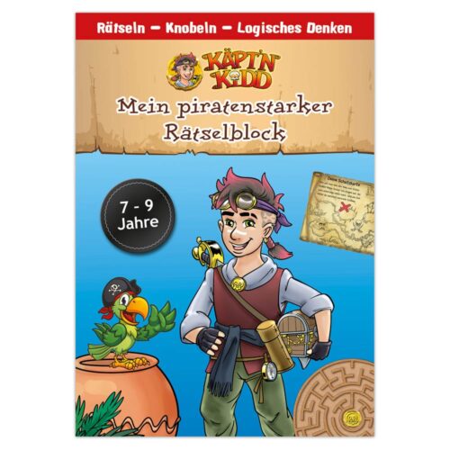 Farbenfroher Puzzle-Bucheinband mit Piratenthema für 7- bis 9-Jährige, mit einer Piratenfigur, einem Papagei und einer Schatzkarte.