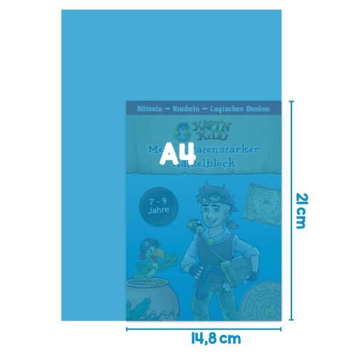 Buchumschlag für Kinderrätselbuch mit Piratenmotiv und abgebildeten Größenangaben.