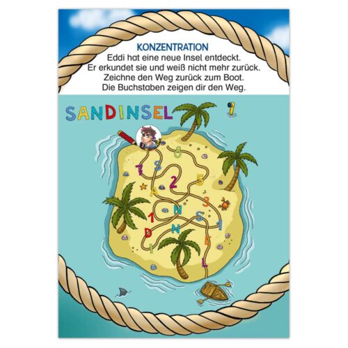 Ein Schatzkartenpuzzle mit einem Pfad auf einer Sandinsel, umgeben von Wasser und Palmen.