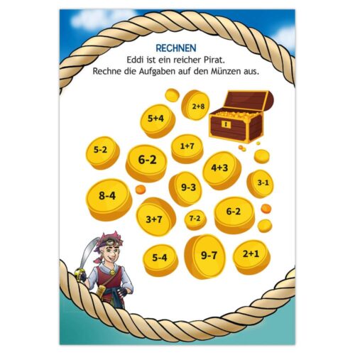 Matherätsel mit Goldmünzen, die Gleichungen, eine Schatztruhe und eine Piratenfigur darstellen. Der Titel lautet „Rechnen“ auf Deutsch.