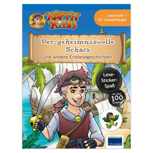 Kinderbuch „Käpt’n Kidd“ mit Piratenthema, inkl. Stickern, Schiffen und Schatzillustrationen.