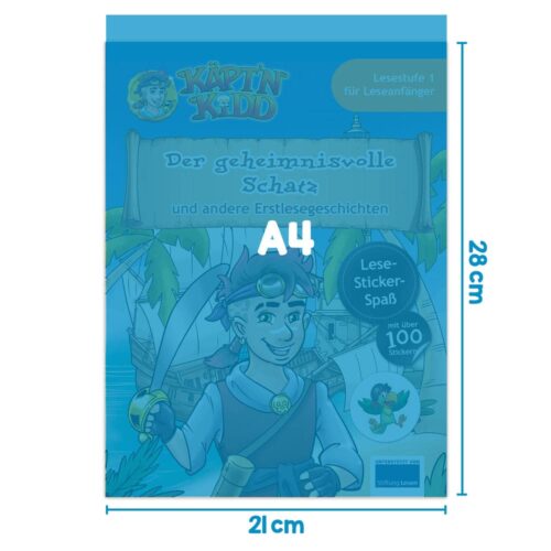 Kinderbuch mit dem Titel „Käptin Kadd: Der geheimnisvolle Schatz“ mit einer Piratenfigur auf dem Cover. Abgebildet ist das Format A4.