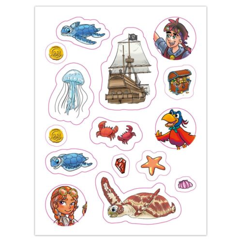 Bunte Aufkleber mit Piratenmotiven wie einem Schiff, Meeresbewohnern, Münzen, einer Schatztruhe und Comicfiguren.
