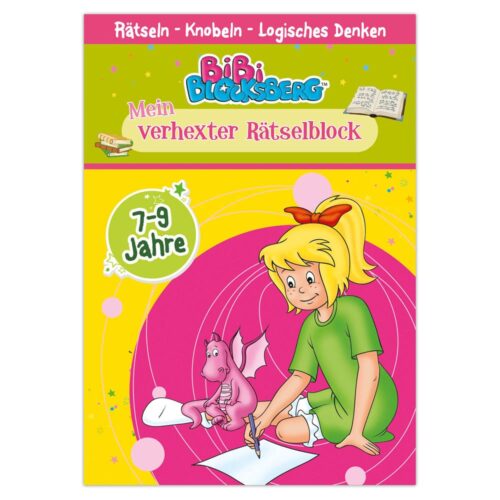 Cover des Rätselbuchs „Bibi Blocksberg“ für 7- bis 9-Jährige mit Bibi und einem rosa Drachen auf rosa Hintergrund.