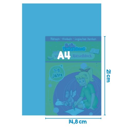 Blauer Einband eines Kinderrätselbuches im A4-Format mit den angegebenen Maßen: 21 cm x 14,8 cm.