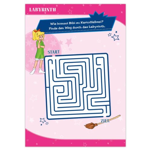 Labyrinth-Puzzle mit einem Mädchen in einem grünen Outfit und einem Besen. Text auf Deutsch über dem Labyrinth.