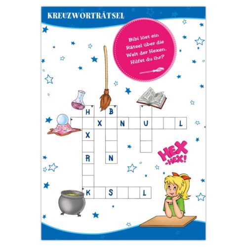 Ein farbenfrohes Kreuzworträtsel mit Illustrationen zum Thema Hexe und einer Denkfigur. Text: „Hex-Hex!“.