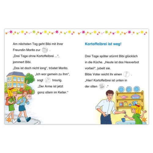 Illustration von Kindern, die zum Unterricht gehen und in einer Küche kochen, mit deutschem Text.