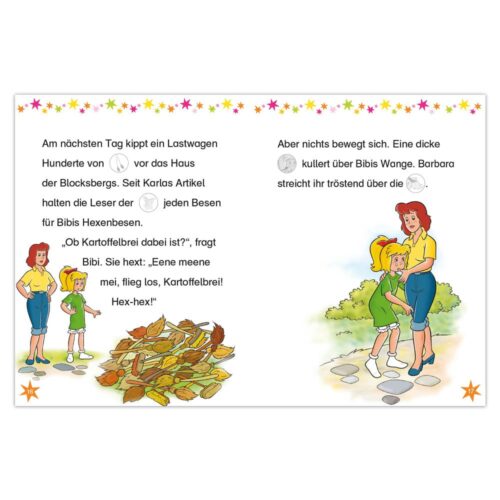 Kinder und eine Frau stehen mit Blättern da
