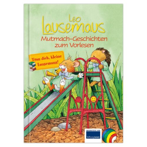 Kinderbuchcover mit einer Maus und einem Igel, die auf einer Rutsche auf einer Wiese spielen, mit dem Titel „Leo Lausemaus“.