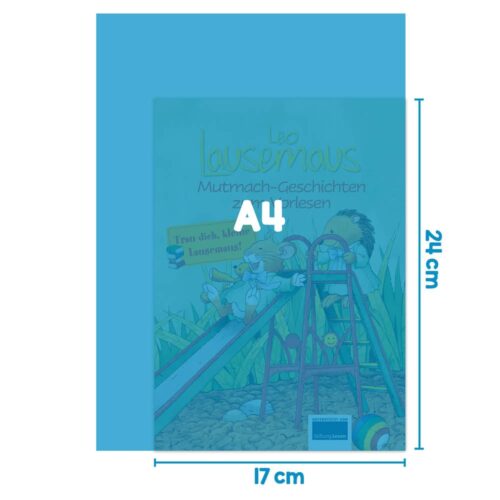Kinderbuch mit Mäusen auf einer Folie mit den Abmessungen 17 cm x 24 cm. Der Titel enthält "Lausermaus" und "Mutmach-Geschichten".