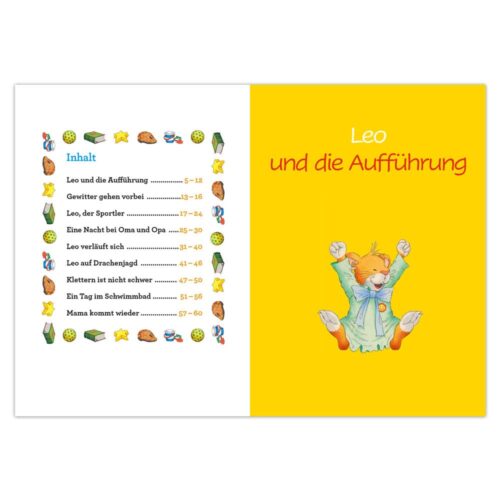 Aufgeschlagenes Kinderbuch mit einem Inhaltsverzeichnis auf der linken Seite und einer Katzenfigur im Pyjama auf gelbem Hintergrund auf der rechten Seite.