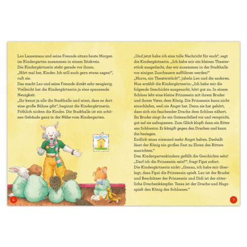 Eine illustrierte Kinderbuchseite mit Tieren, die auf einer Bühne lesen und spielen.