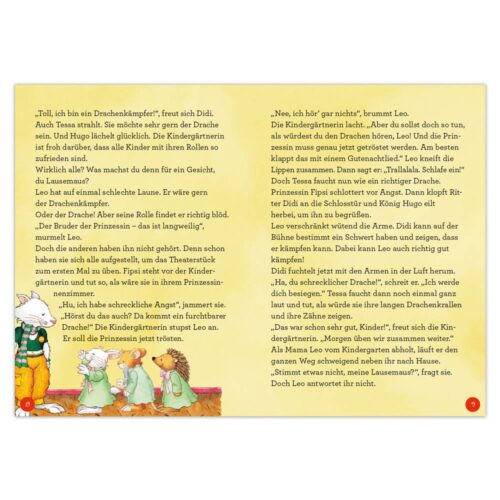 Offenes Kinderbuch mit farbenfrohen Illustrationen und deutschem Text, mit Kindern und einem freundlichen grünen Drachen.