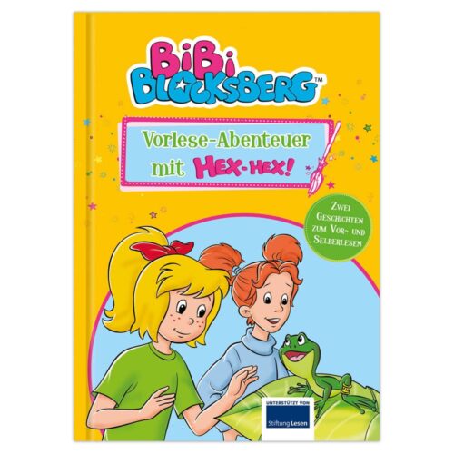 Buchcover von „Bibi Blocksberg“ mit zwei Mädchen, einem Frosch und buntem Text auf gelbem Hintergrund.