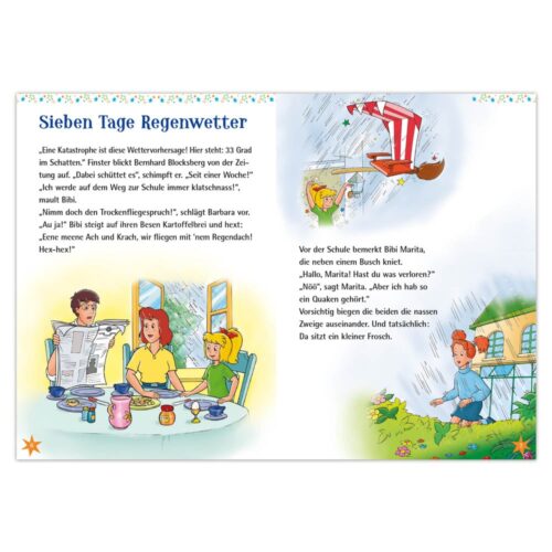 Kinder lesen ein Buch und spielen an einem regnerischen Tag draußen, mit einem bunten Segelboot im Hintergrund.