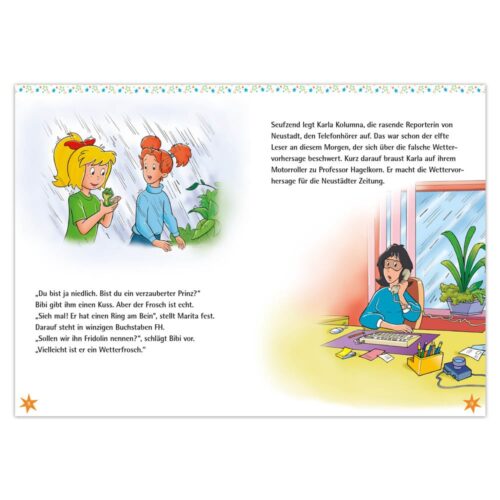 Eine Illustration von Kindern in einem Garten und einer Frau an einem Schreibtisch mit einem Telefon und Papier.