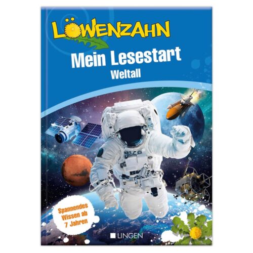 Buchcover mit einem Astronauten im Weltall, Planeten, Satelliten und dem Titel „Mein Lesestart Weltall.“