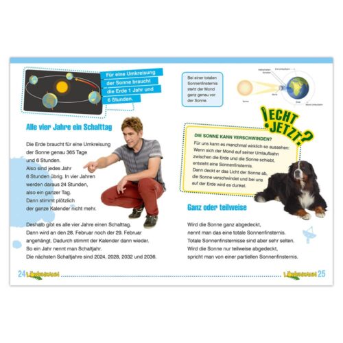 Illustration eines jungen Mannes und eines Hundes mit Text über Schaltjahre und Sonnenphänomene auf Deutsch.
