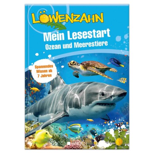 Kinderbuchcover mit Meerestieren wie einem Hai, einer Schildkröte und verschiedenen Fischen vor einem bunten Hintergrund.